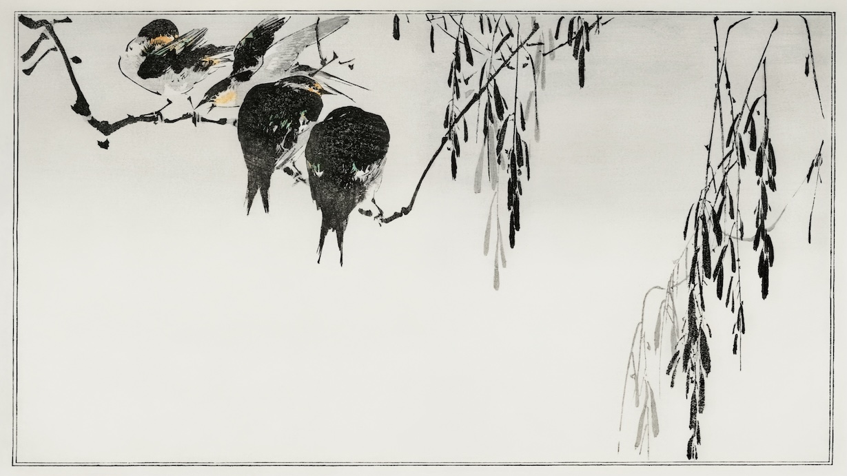 Perched Magpies - Japanese Vintage Art