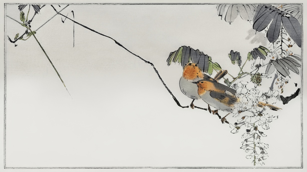 Sparrows on a Branch - Japanese Vintage Art