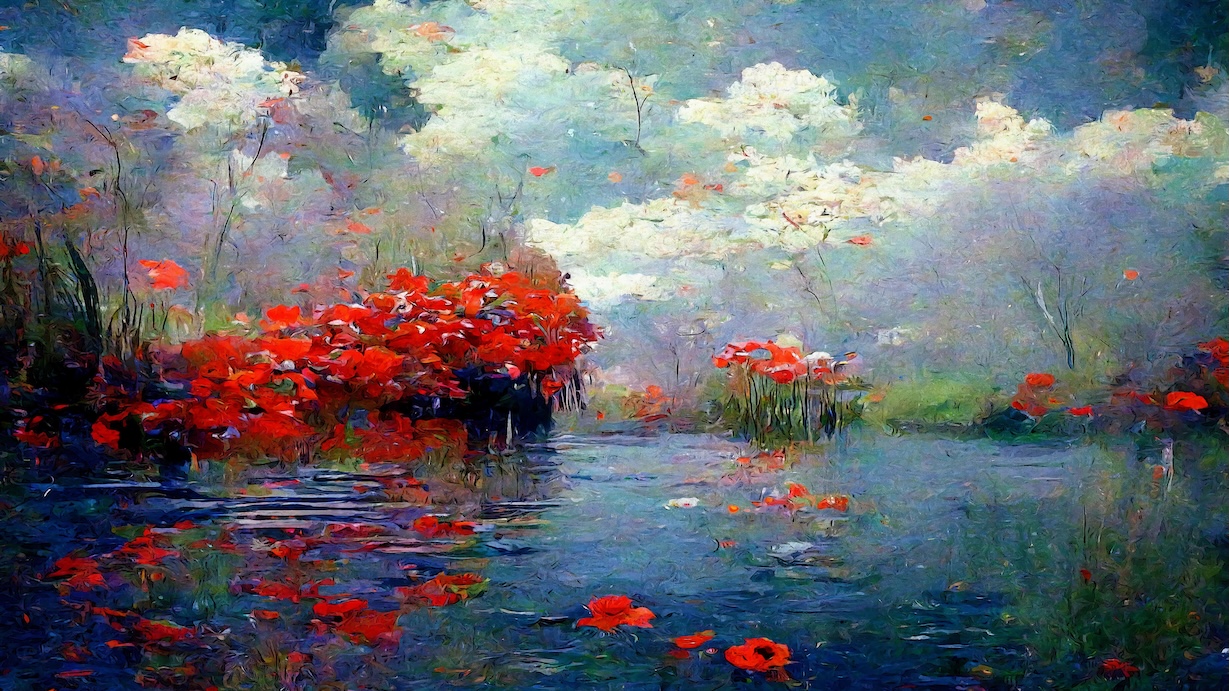 Red Flowers Cloudy Landscape - Impressionist Artist Spring Art