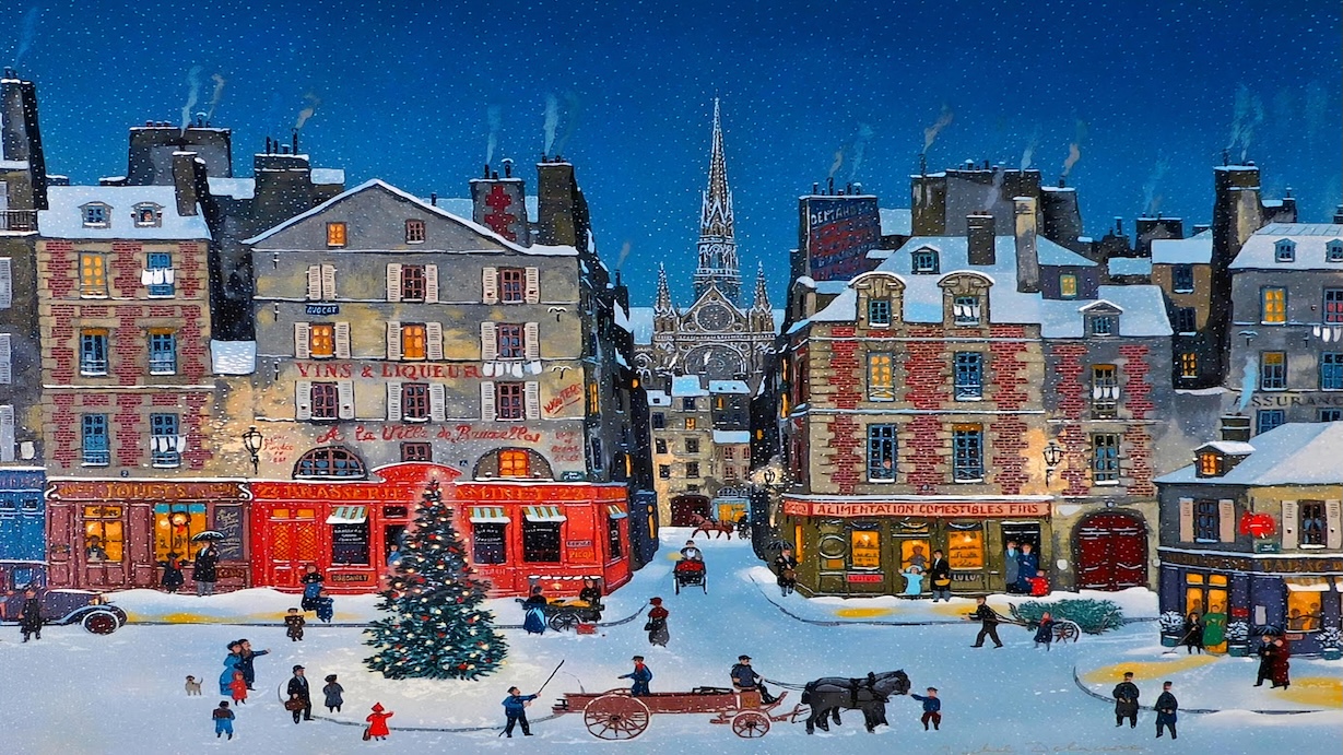 4K Vintage Snowy Christmas City Landscape - Christmas City Artist Vintage Christmas Art