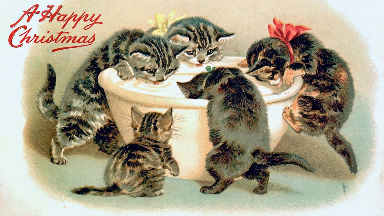 Christmas Vintage Postcard with Kittens - Kitten Postcard Artist Vintage Christmas Art