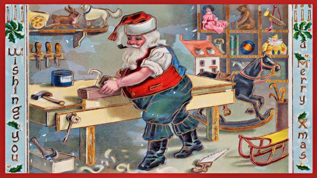 Santa in His Workshop Making Toys - Santa Workshop Artist Vintage Christmas Art