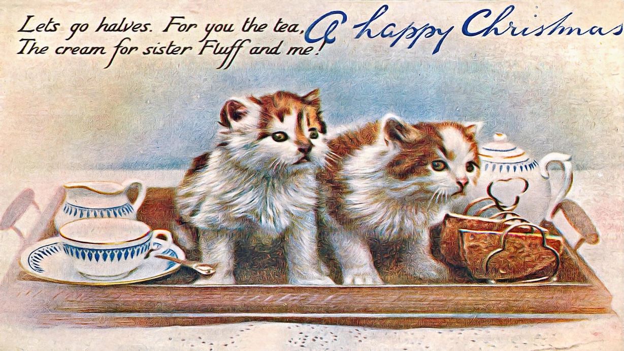 Vintage Christmas Card Kittens on Tray - Kitten Card Artist Vintage Christmas Art