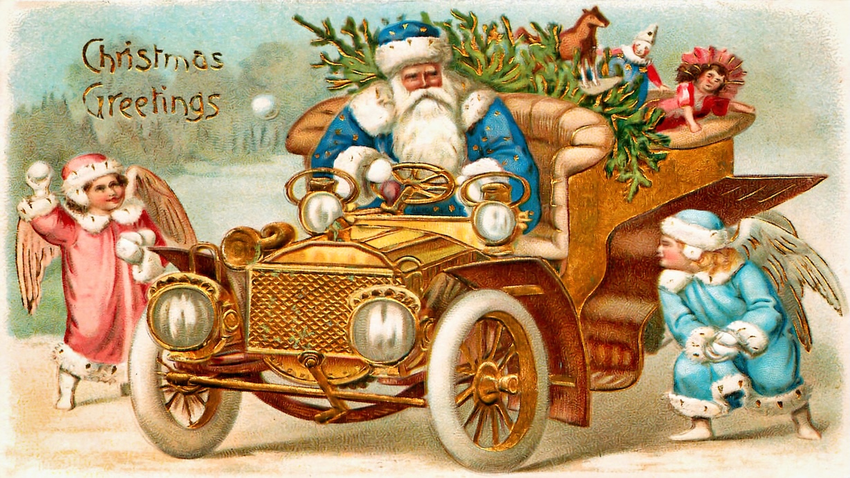 Vintage Christmas Card Santa in Car - Santa Car Artist Vintage Christmas Art