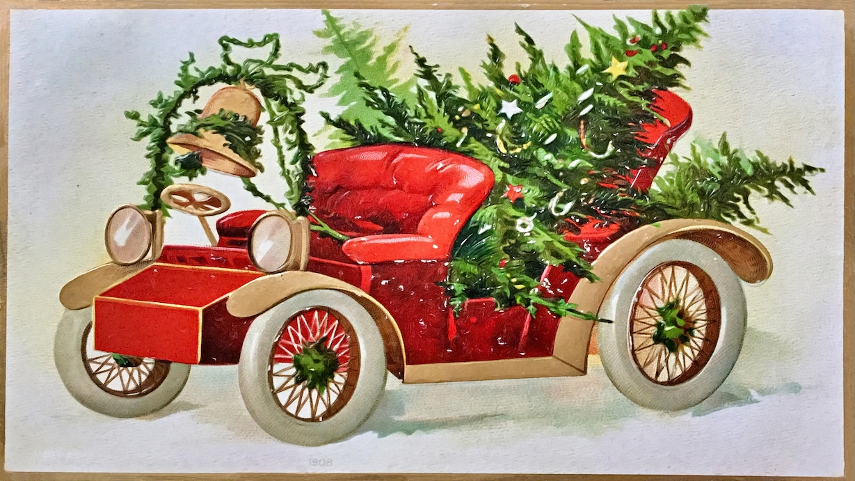 Vintage Santa Car with Christmas Tree - Vintage Car Artist Vintage Christmas Art