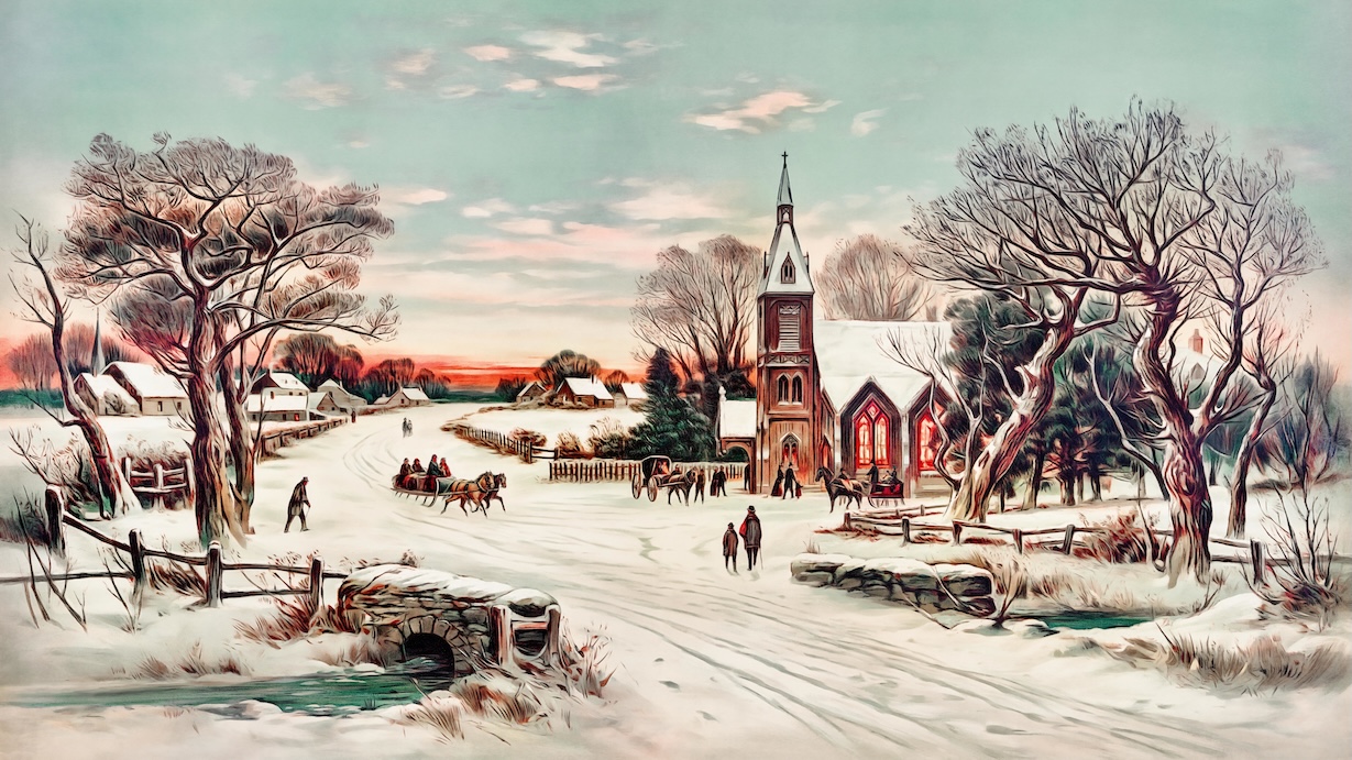 Vintage Snowy Christmas Painting - Christmas Painter Vintage Christmas Art