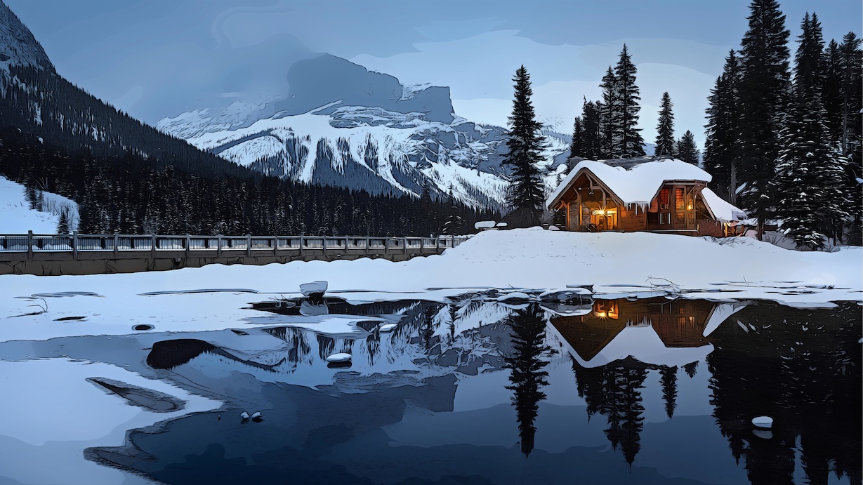 Winter Mountains Log Cabin - Mountain Cabin Artist Winter Art