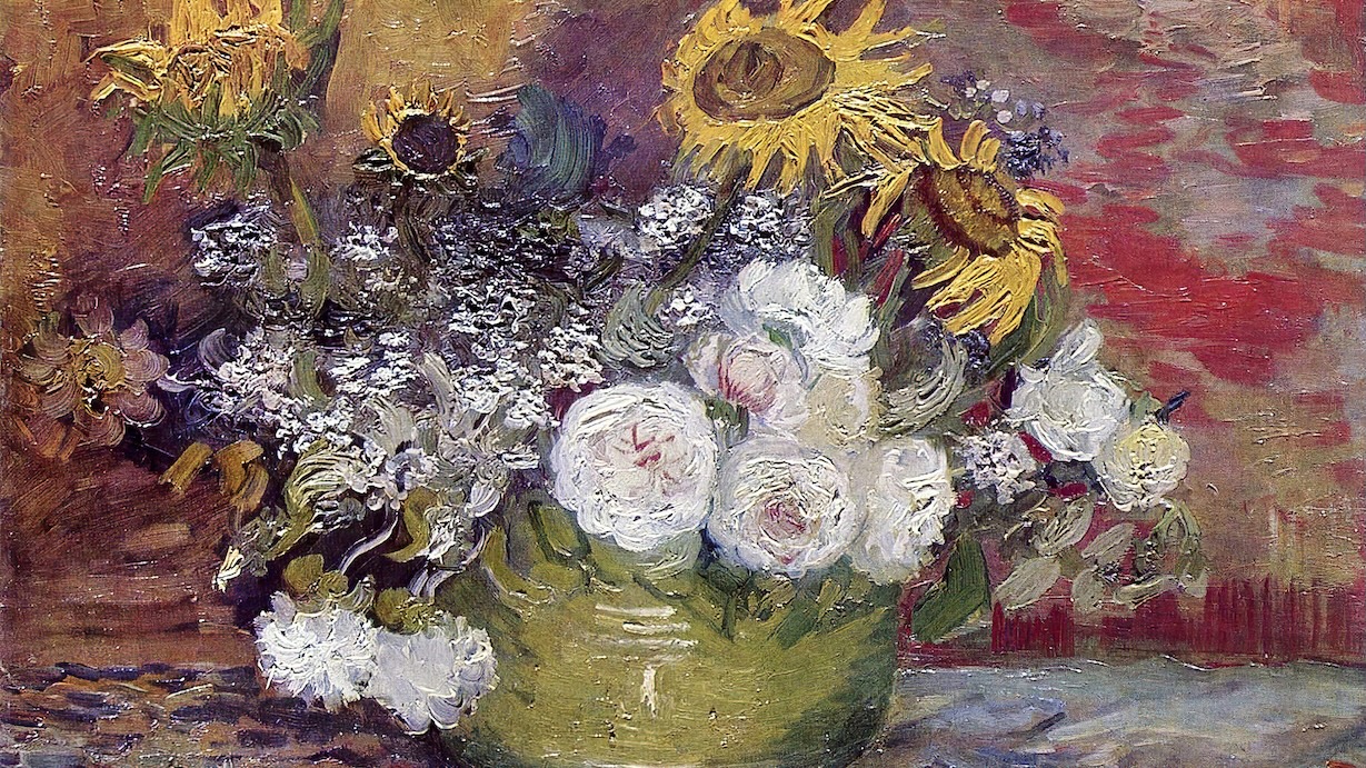 Bowl with Sunflowers and Roses - Van Gogh Style Wall Art