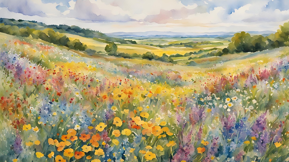 Meadow Wildflower Vista - Rolling Hills with Colorful Blooms Wall Art