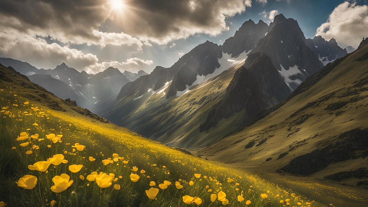 Mountain Valley Flowers - Dramatic Mountain Wildflower Vista Wall Art