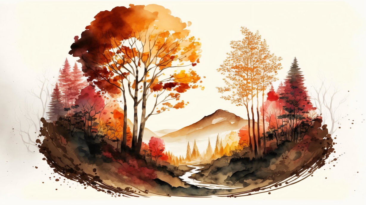 Autumn Mountain Forest - Fall Artist Watercolor Forest Art