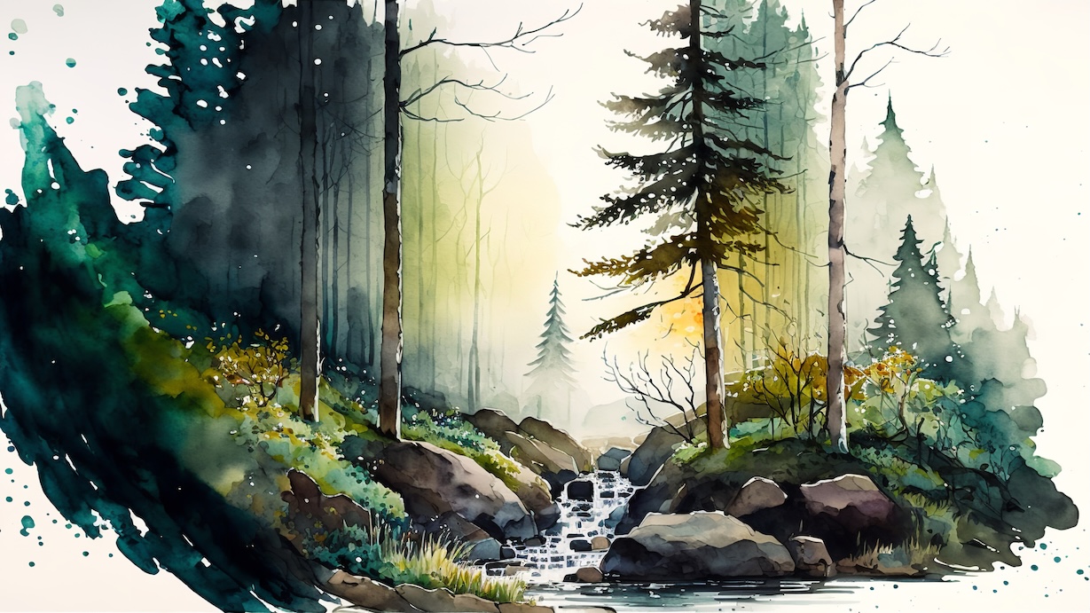 Forest River Harmony - River Artist Watercolor Forest Art