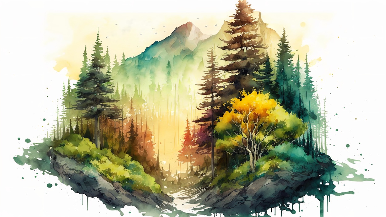 Mountain Forest Vista - Mountain Master Watercolor Forest Art
