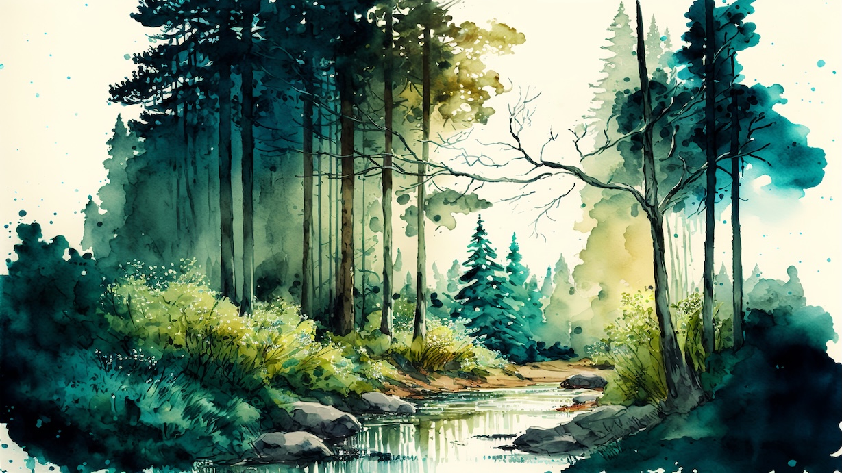 Forest River Scene - Stream Artist Watercolor Forest Art