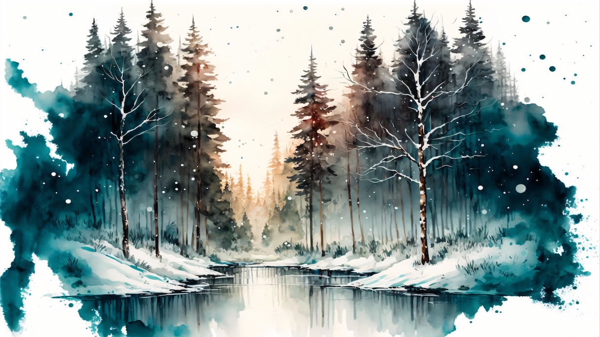 Winter Forest River - Winter Artist Watercolor Forest Art