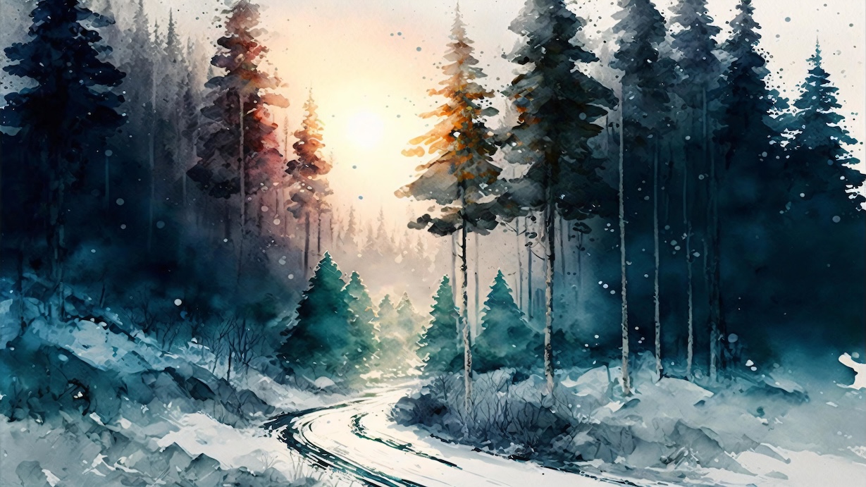 Winter Forest Trail - Trail Artist Watercolor Forest Art