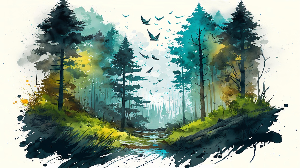 Forest with Birds - Wildlife Artist Watercolor Forest Art