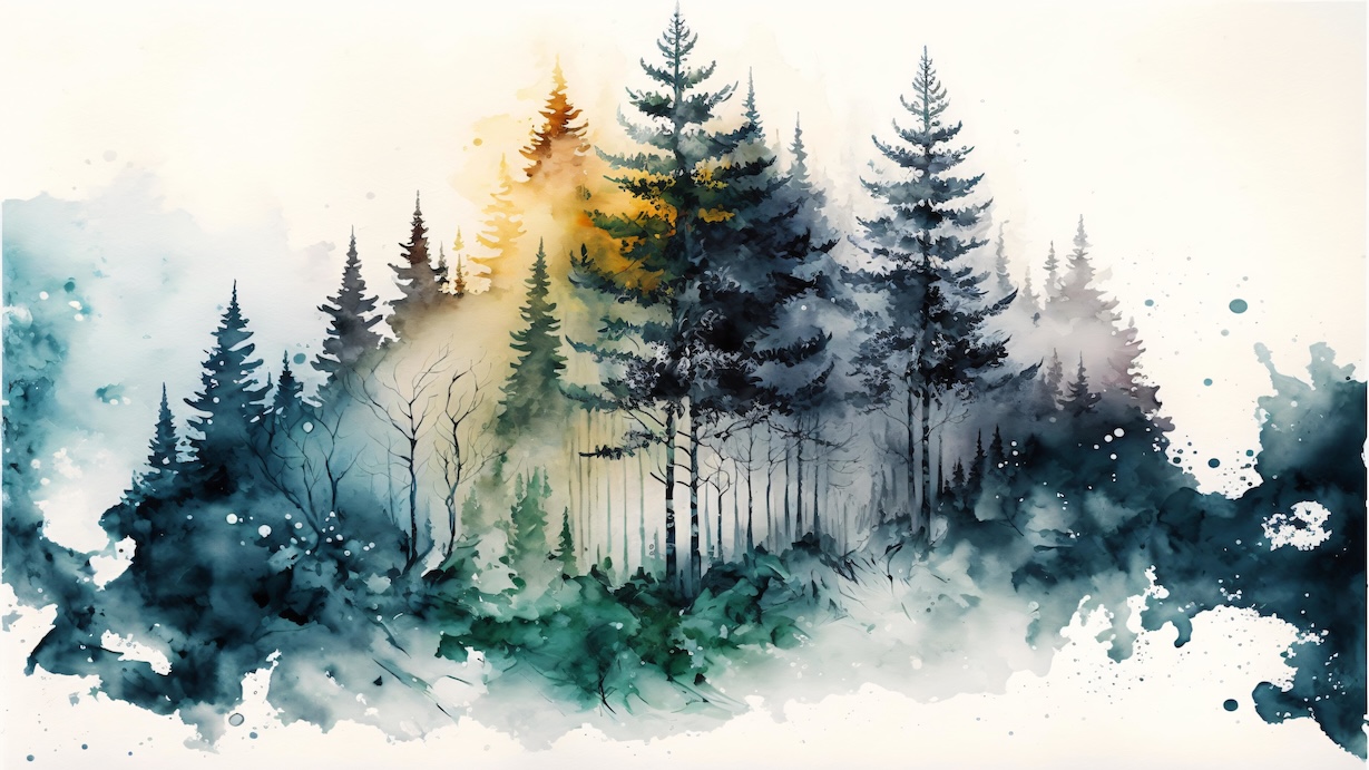 Green Winter Forest - Winter Green Artist Watercolor Forest Art