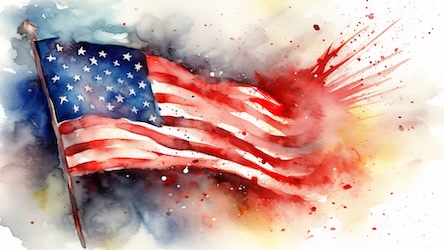 American Flag Fireworks Watercolor - American Patriotic Art