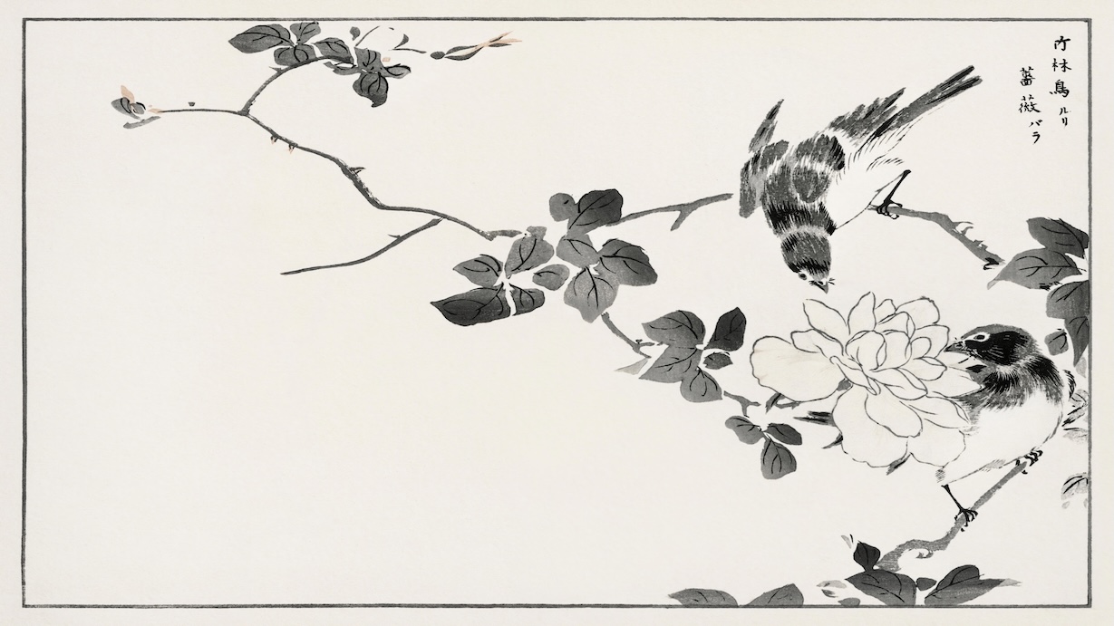 Japanese Robin and Rose by Traditional Japanese Artist - Best Seller Art