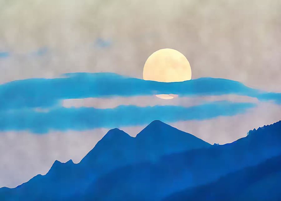 Abstract Blue Mountain Moon Landscape