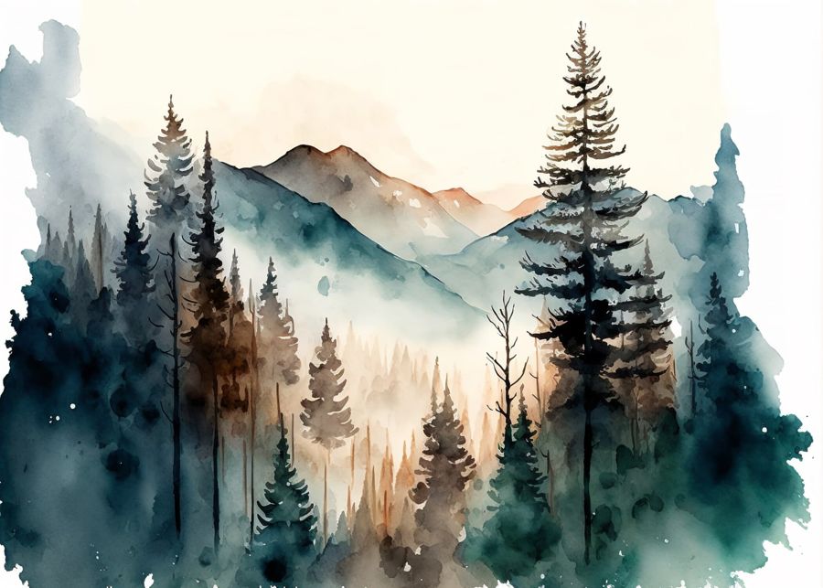EcoArtLab Originals, Abstract Forest Mountain Watercolor