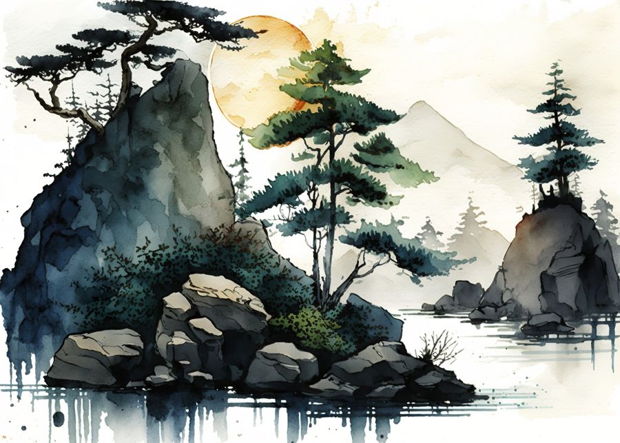 , Abstract Japanese Mountain Watercolor