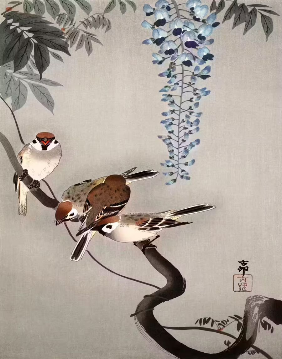 , Antique Japanese Old Ring Sparrow