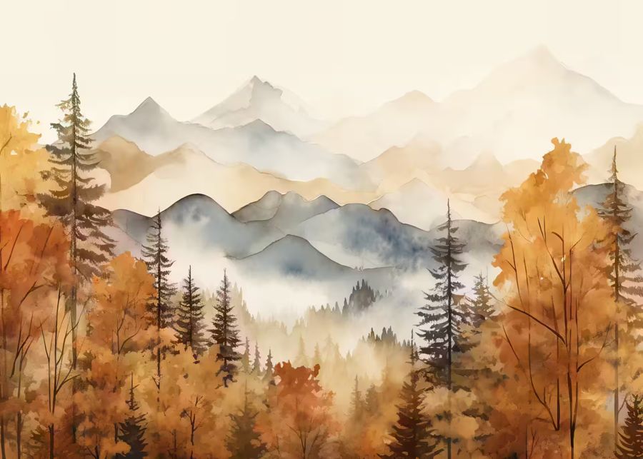 EcoArtLab Originals, Autumn Watercolor Forest Landscape Fall