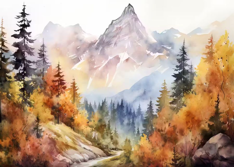 EcoArtLab Originals, Autumn Watercolor Forest Landscape Fall