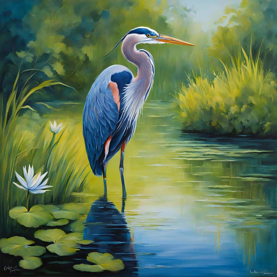 EcoArtLab Originals, Blue Heron Lotus Flower Modern