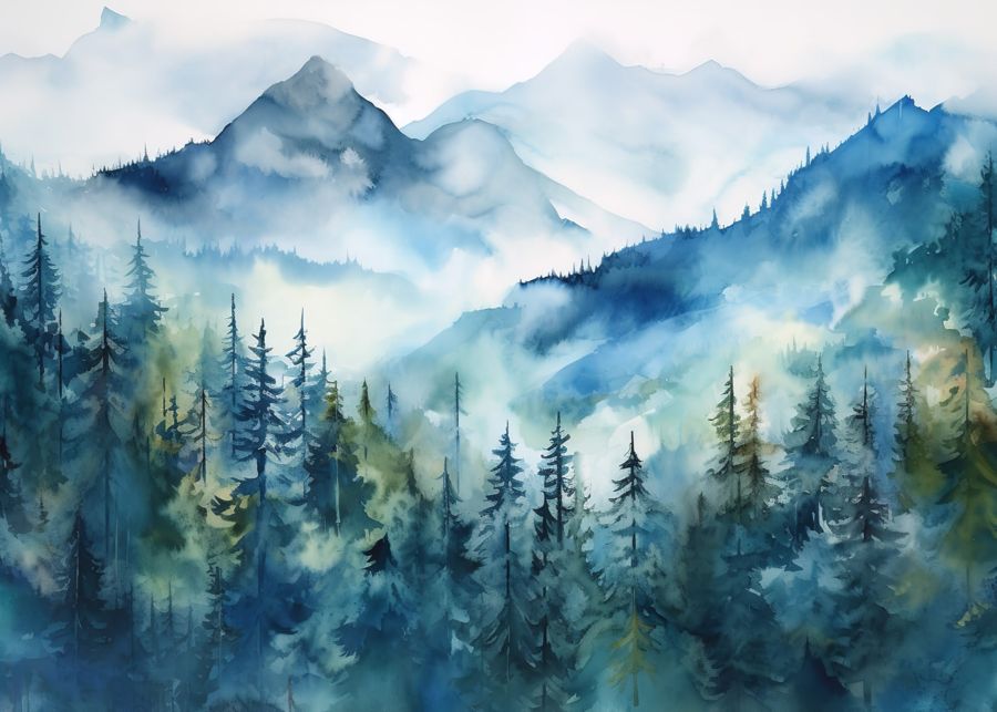 EcoArtLab Originals, Blue Mountain Forest Watercolor Forest