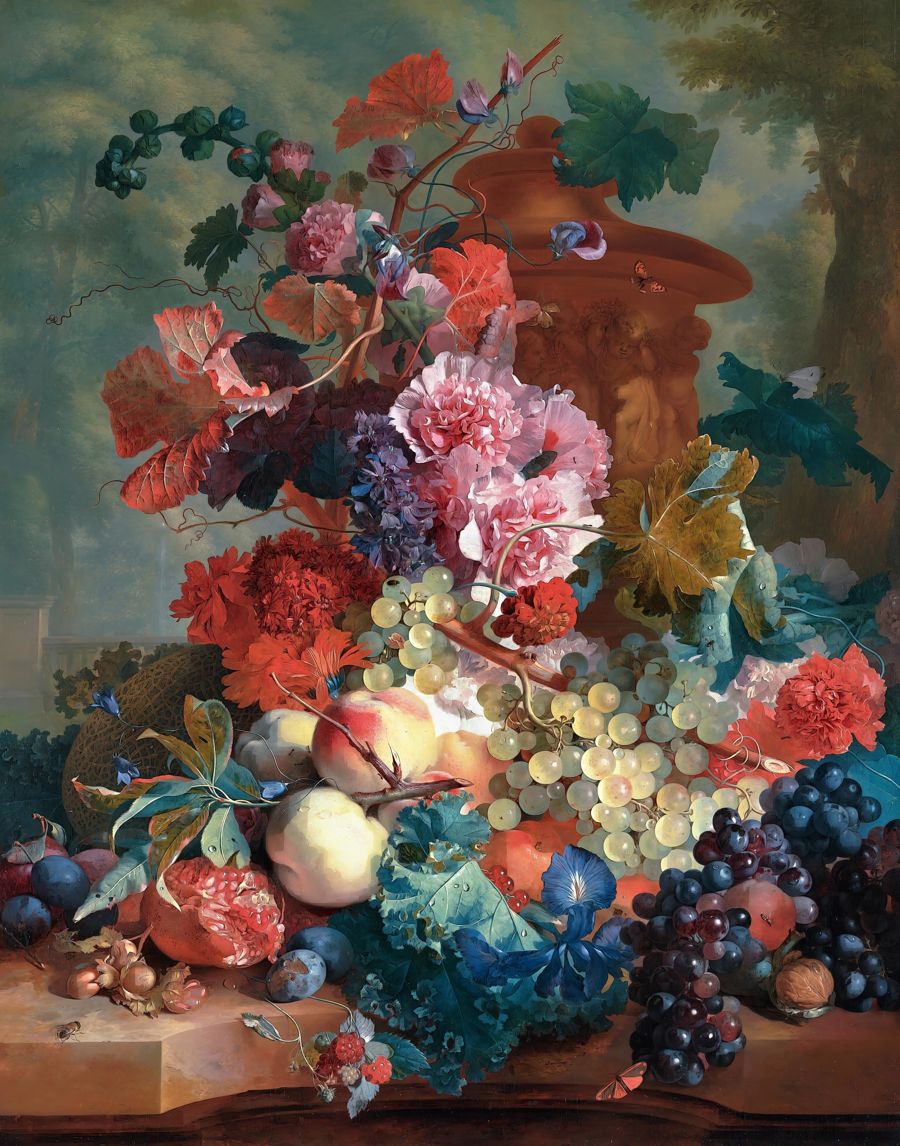 , Botanical Still Life Flowers Fruits