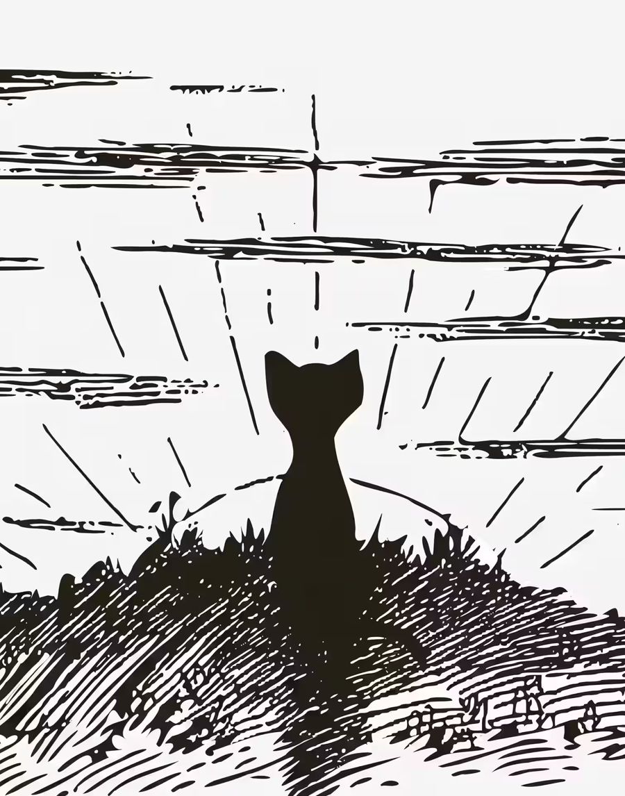 , Cat Watching Sunrise Cat Illustration