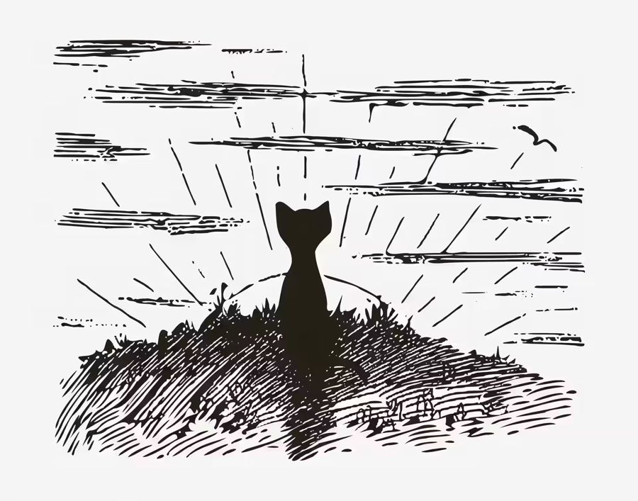 , Cat Watching Sunrise Illustration Cat