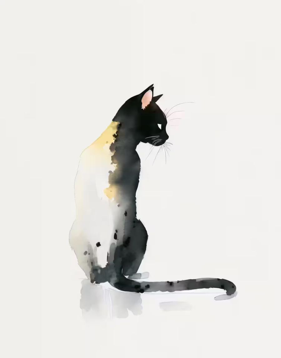 EcoArtLab Originals, Cat Watercolor Minimalist Cat Black