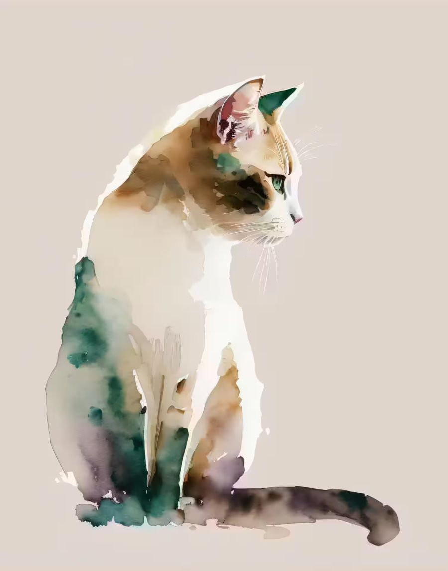 EcoArtLab Originals, Cat Watercolor Minimalist Cat Colorful