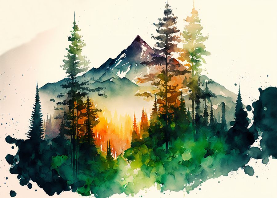 EcoArtLab Originals, Colorful Forest Mountain Watercolor
