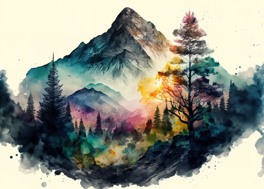 EcoArtLab Originals, Colorful Forest Mountain Watercolor