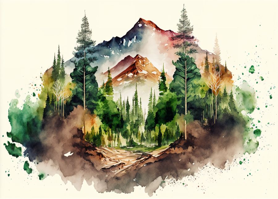 EcoArtLab Originals, Colorful Watercolor Forest Mountain
