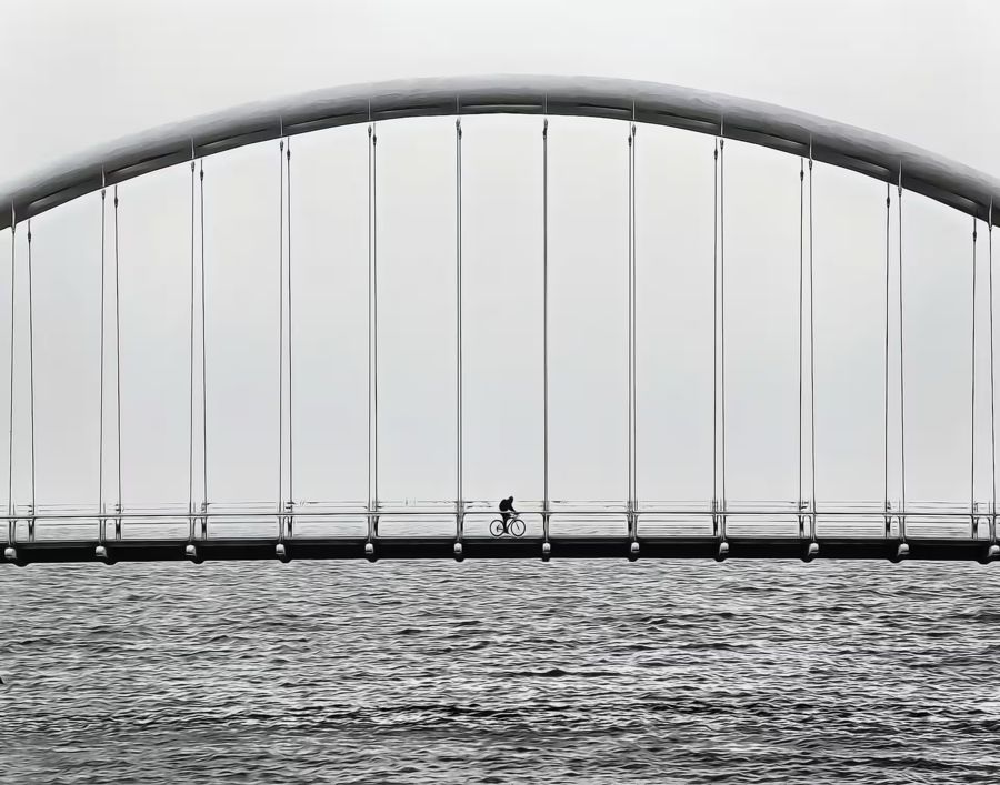 , Cyclist Bridge Black White Photography
