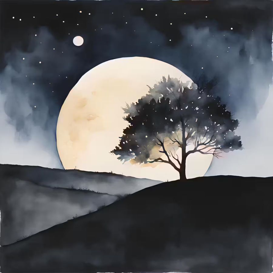 EcoArtLab Originals, Dark Landscape Watercolor Two Moons