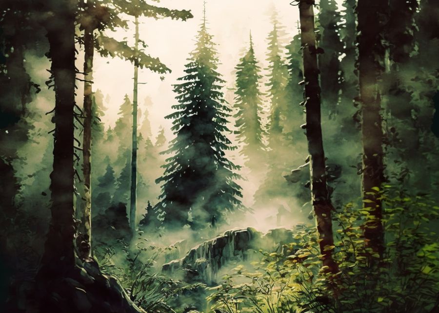 EcoArtLab Originals, Dense Forest Watercolor Landscape Green