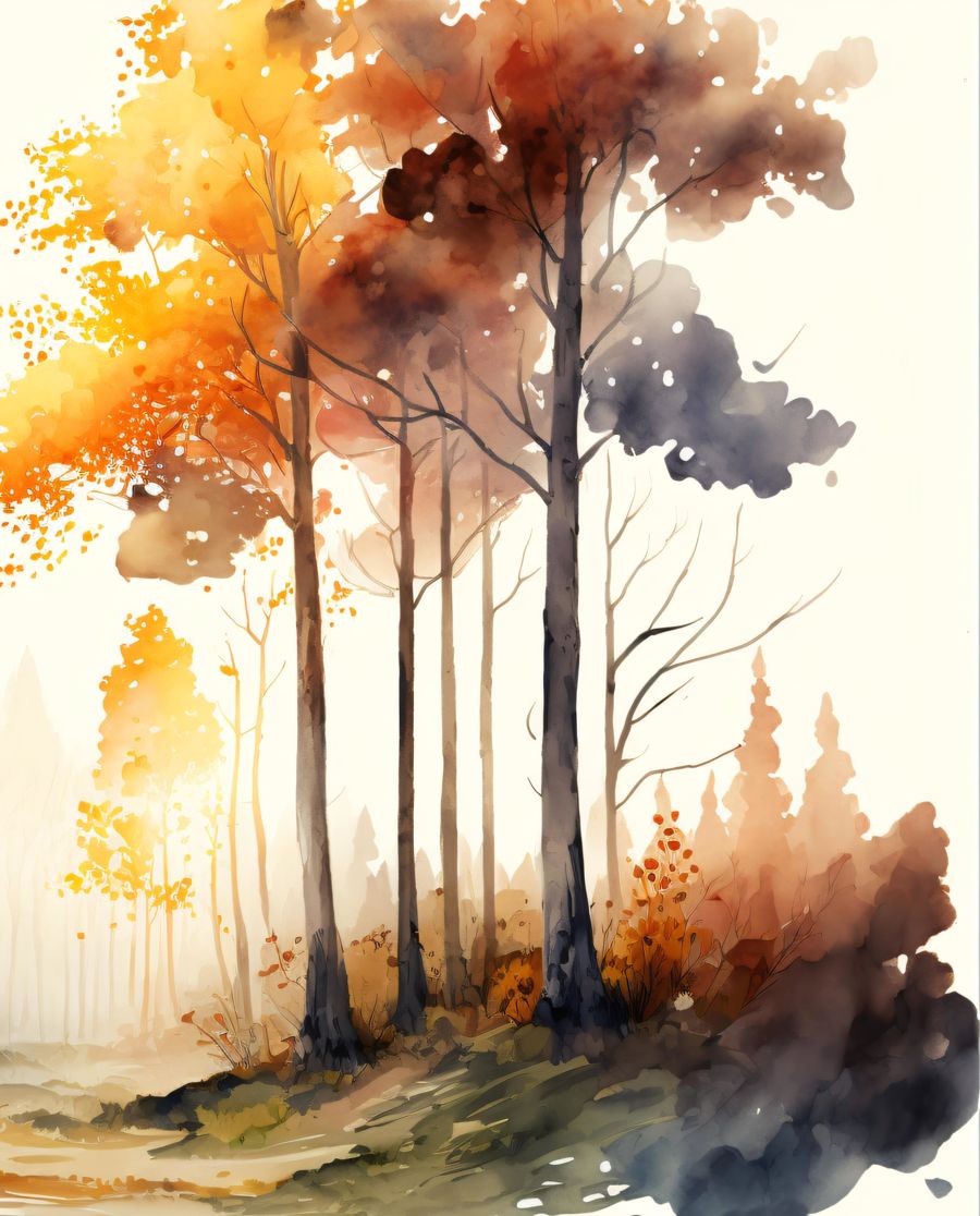EcoArtLab Originals, Fall Watercolor Forest Landscape 2