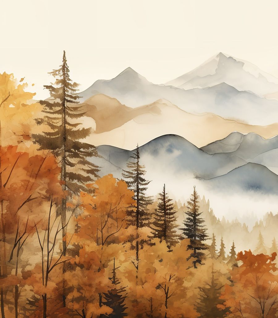 EcoArtLab Originals, Fall Watercolor Forest Mountain