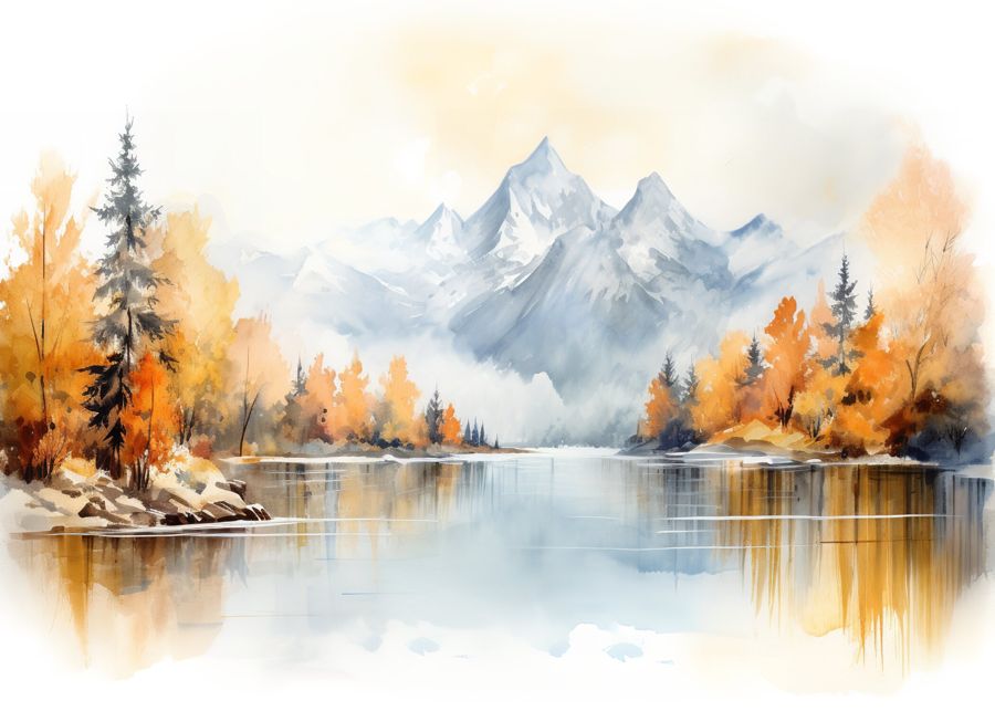 EcoArtLab Originals, Forest Lake Mountain Fall Watercolor