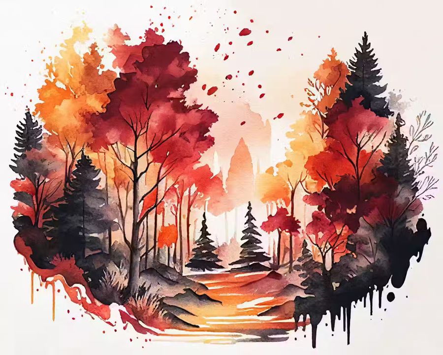 EcoArtLab Originals, Forest Landscape Watercolor Autumn