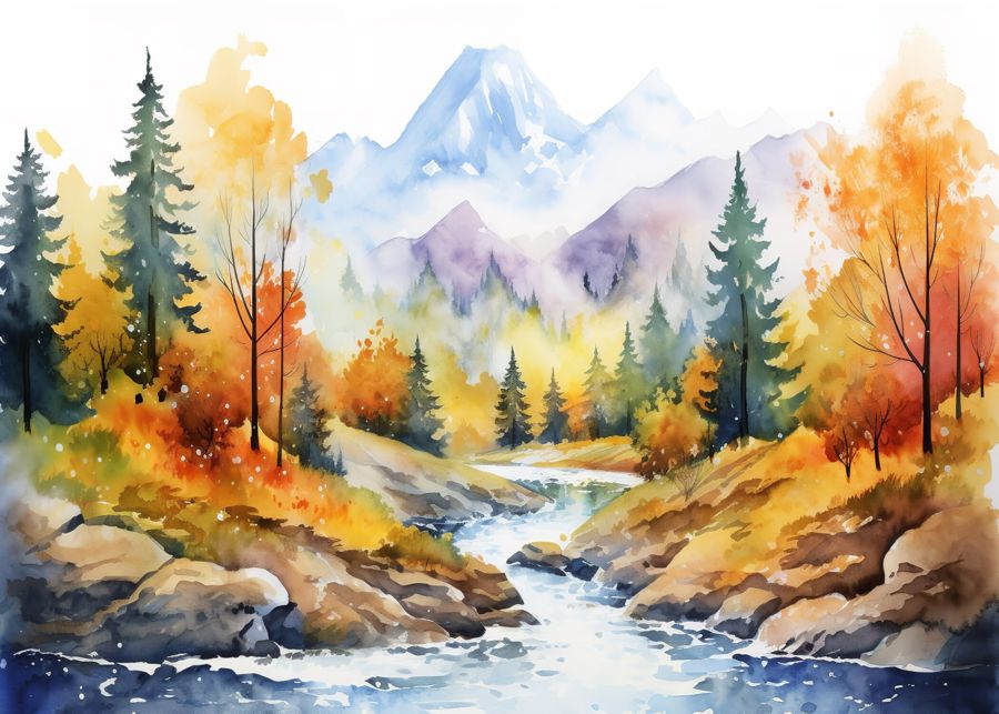 Forest River Mountain Fall Watercolor