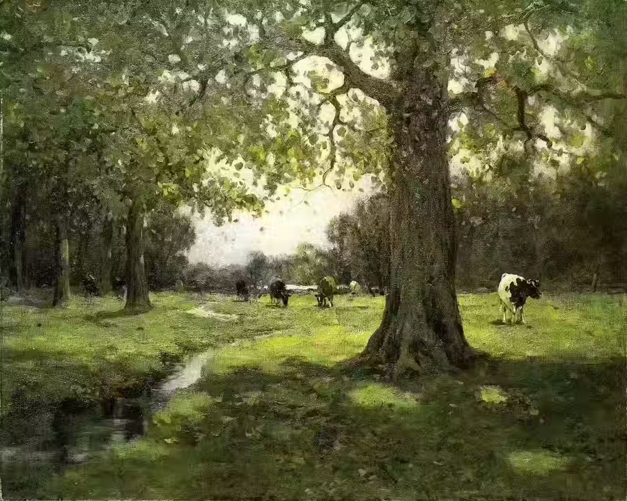 , Grazing Cows Rustic Meadow Antique