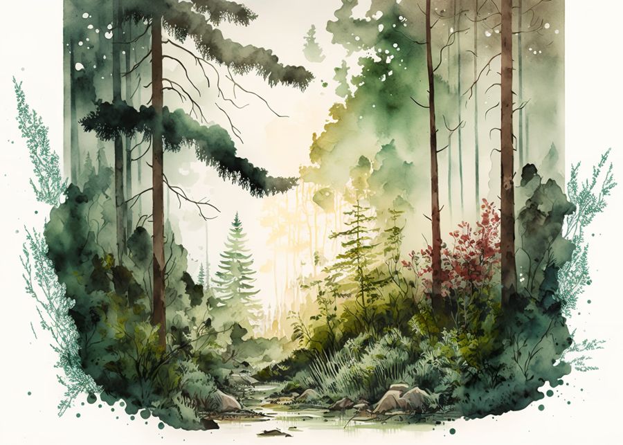 Green Forest Trees River Watercolor